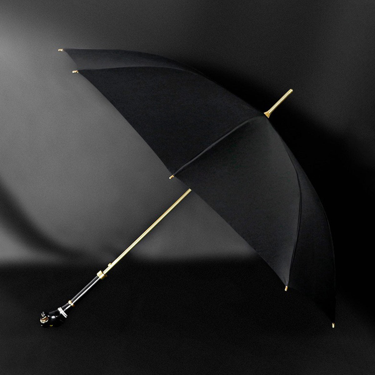 Sorélane Fauve : parapluie noir ouvert de biais.