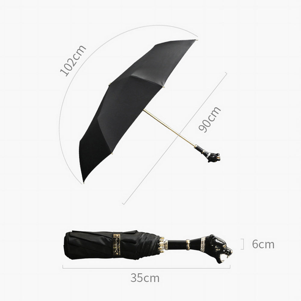 Sorélane Ombre - Parapluie pliant noir à poignée panthère