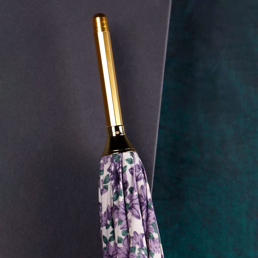 Sorélane Violette - Parapluie floral violet à poignée courbe dorée