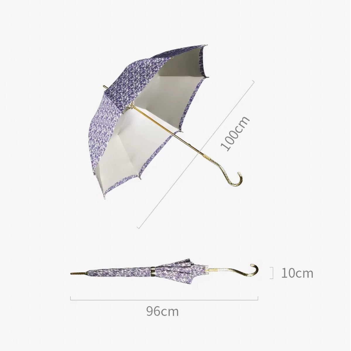 Sorélane Violette - Parapluie floral violet à poignée courbe dorée